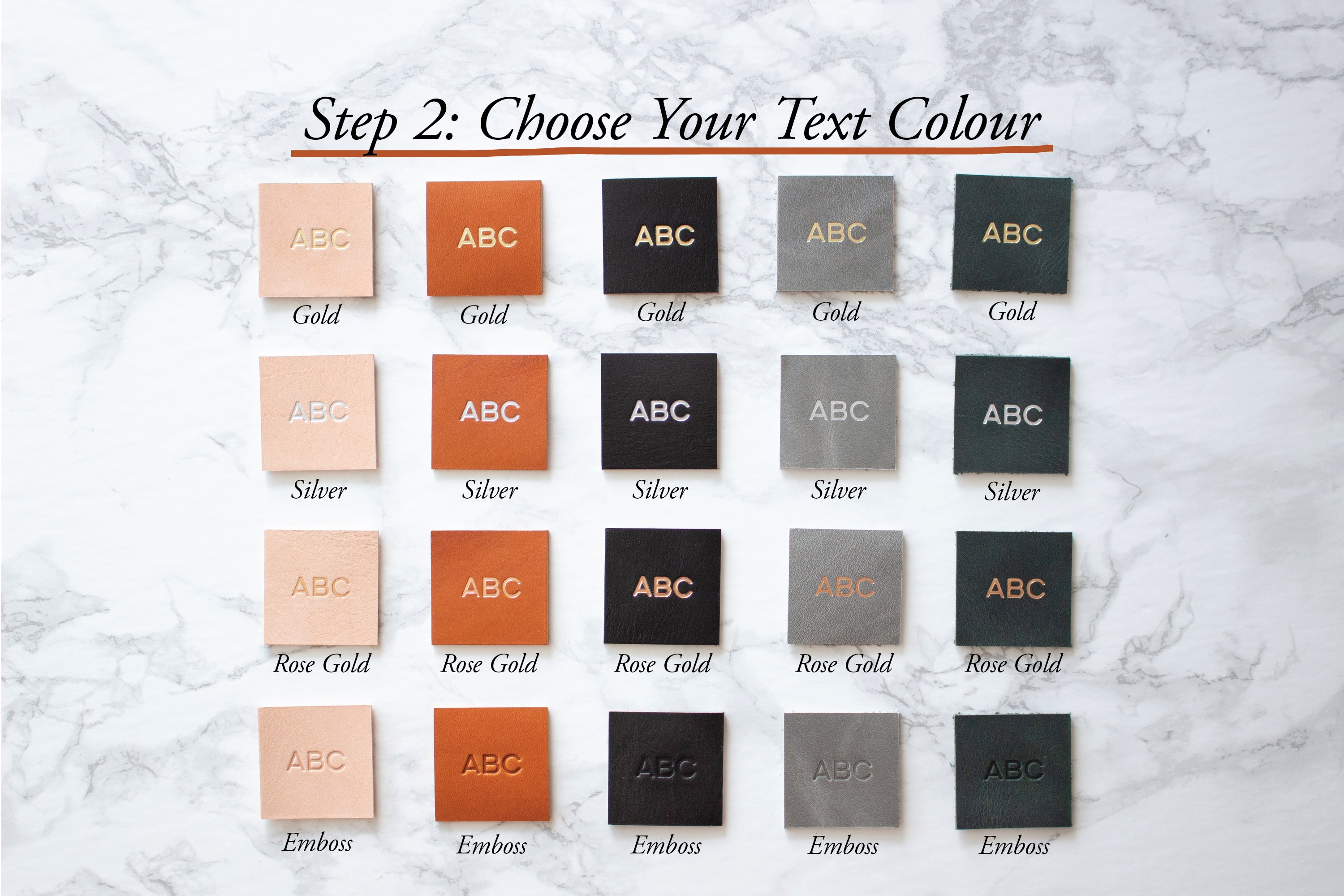 Fitzy Monogram Text Colour Choices: Gold, Silver, Rose Gold and Emboss (No Colour) shown on Nude, Caramel, Black, Thunder and Forest Leather