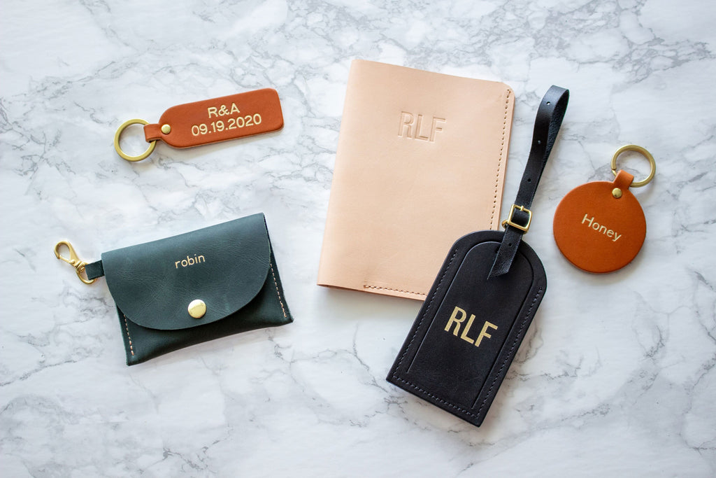Fitzy Monogrammed Leather Goods Handamde in Toronto, ON, Canada: Keychain Card Wallet, two Keychains, Passport Wallet, Luggage Tag all monogrammed with various names and initals