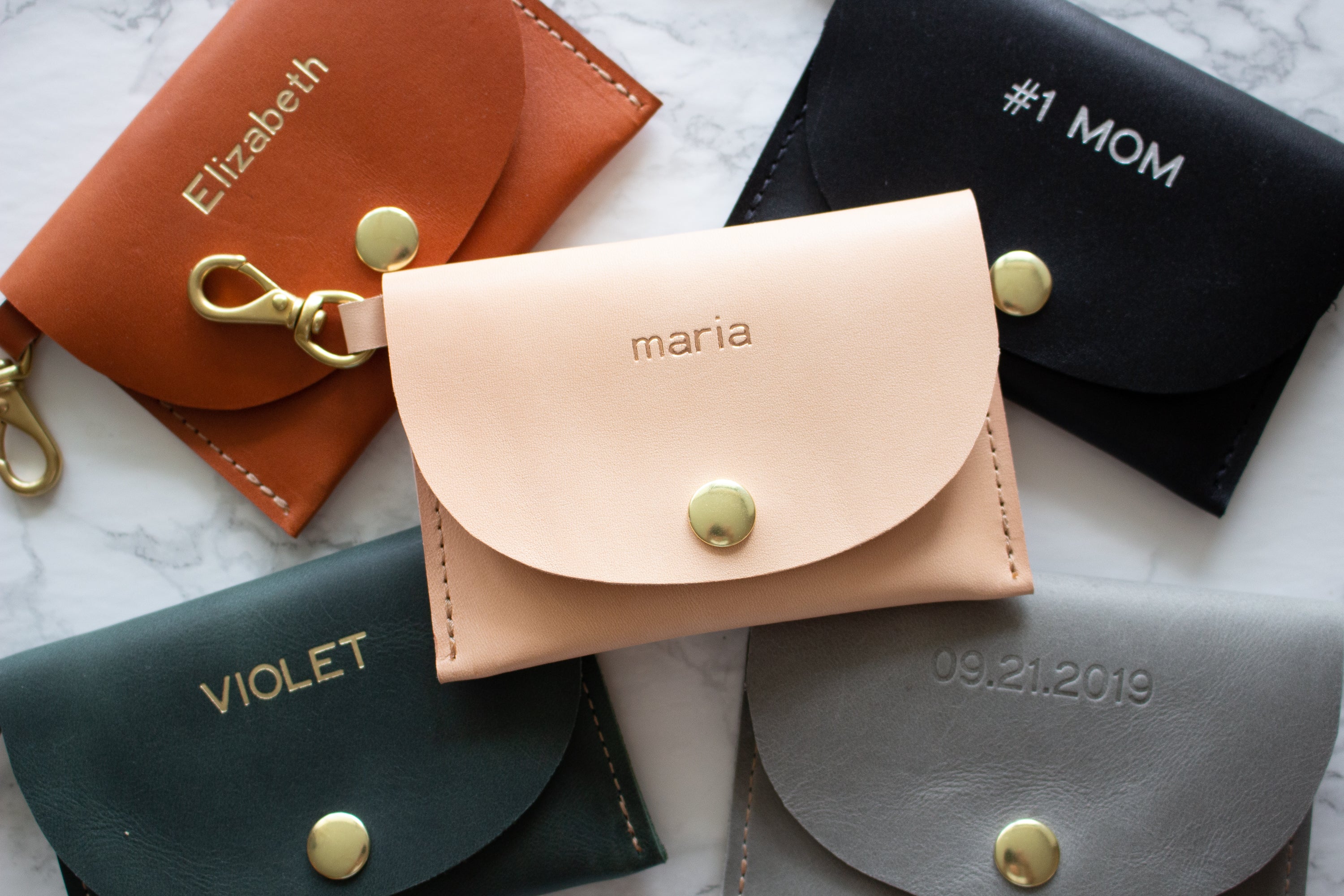 Monogrammed Nude Vegetable Tanned Leather Keychain Card Wallet - Handmade in Toronto, ON Canada by Fitzy, Shown On Top  Caramel, Black, Forest & Thunder Wallets