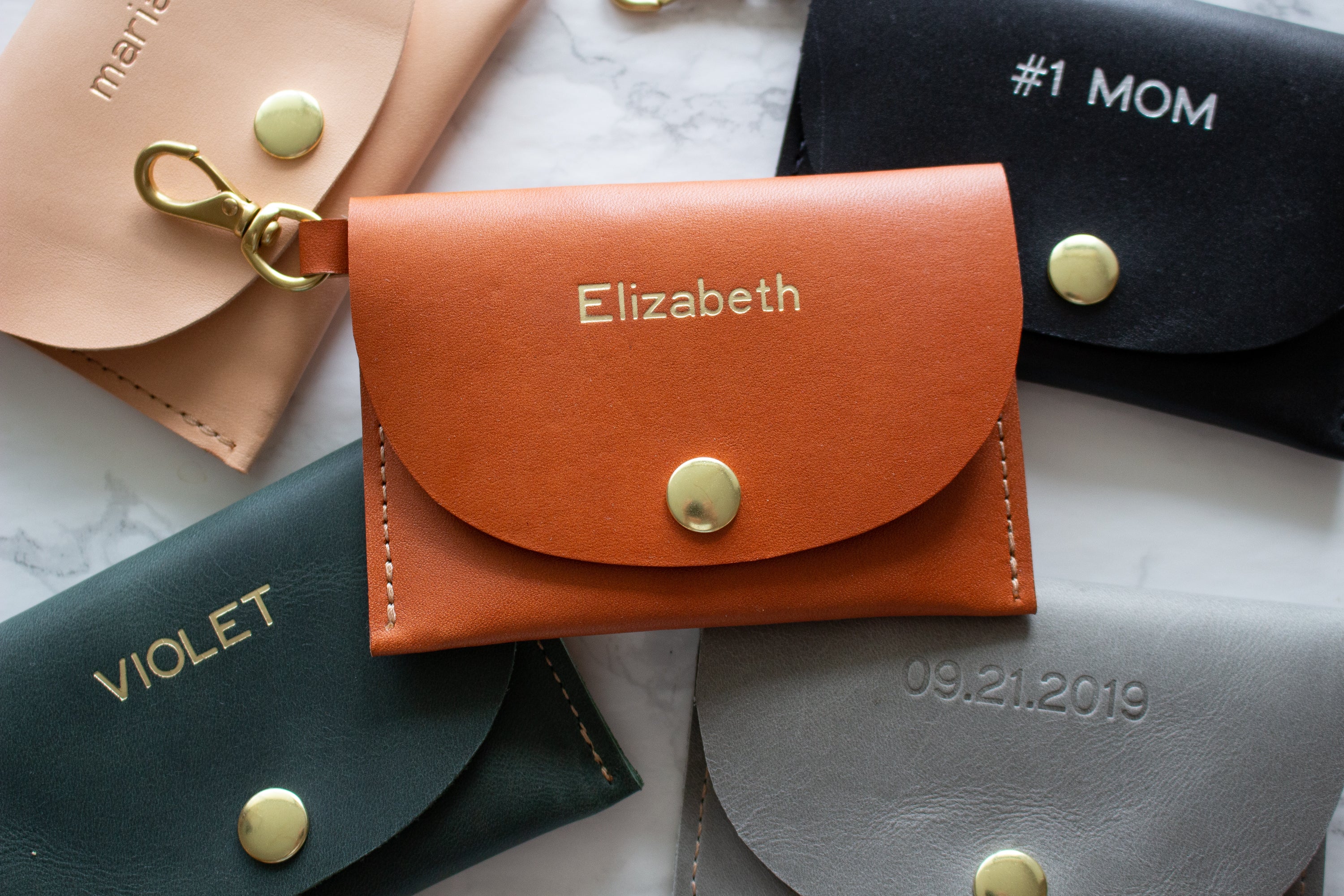 Monogrammed Caramel Vegetable Tanned Leather Keychain Credit Card Wallet with Solid Brass Hardware - Handmade in Toronto, ON Canada by Fitzy