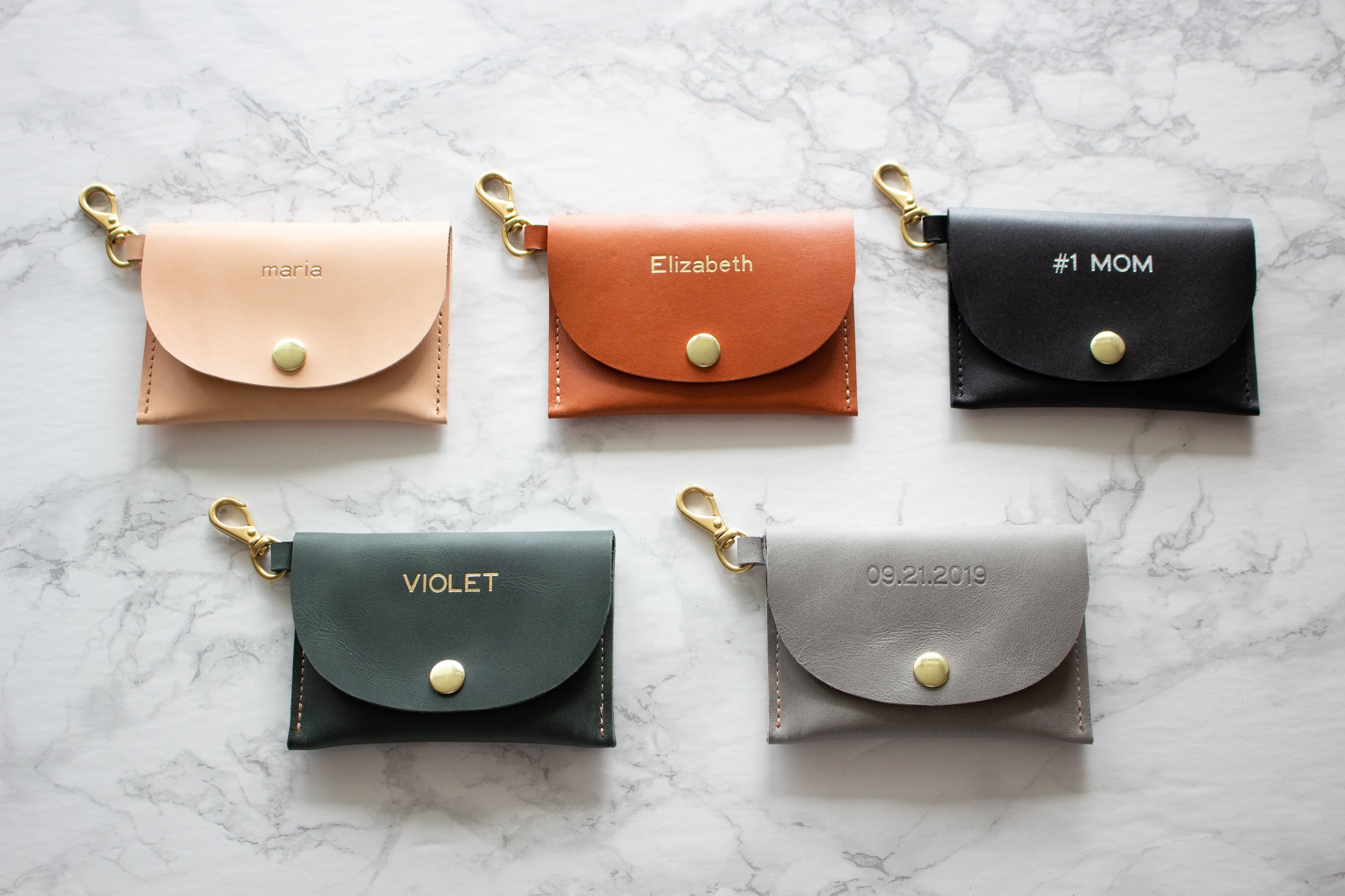 Five Monogrammed Leather Keychain Credit Card Wallets with Solid Brass Hardware - Handmade in Toronto, ON Canada by Fitzy in Nude, Caramel, Black, Forest and Thunder