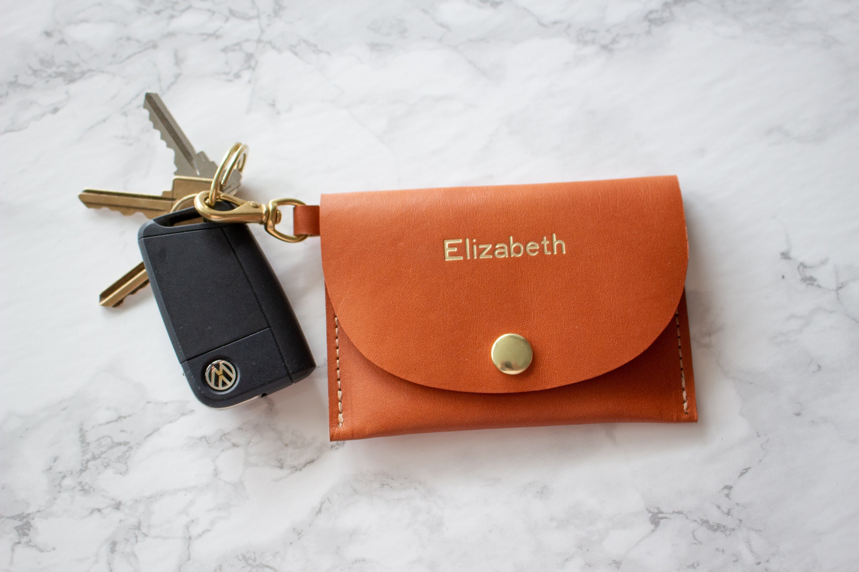 Monogrammed Caramel Vegetable Tanned Leather Keychain Credit Card Wallet with Solid Brass Hardware - Handmade in Toronto, ON Canada by Fitzy