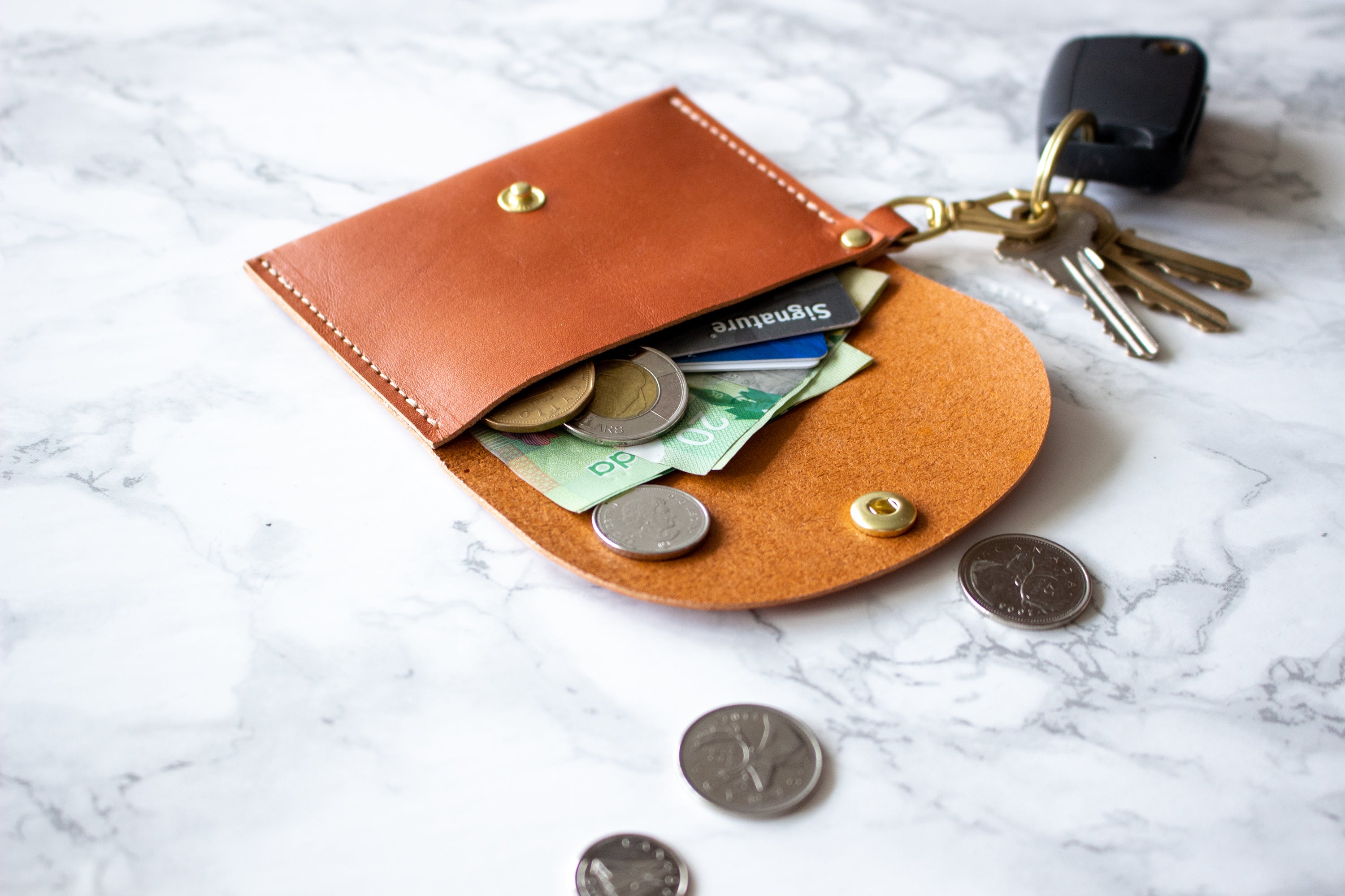 Monogrammed Caramel Vegetable Tanned Leather Keychain Credit Card Wallet with Solid Brass Hardware - Handmade in Toronto, ON Canada by Fitzy