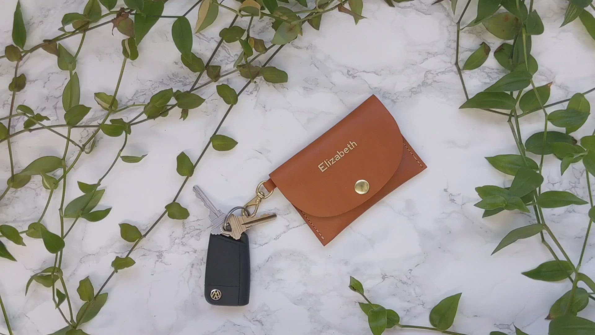 Video of Monogrammed Caramel Vegetable Tanned Leather Keychain Credit Card Wallet with Solid Brass Hardware - Handmade in Toronto, ON Canada by Fitzy
