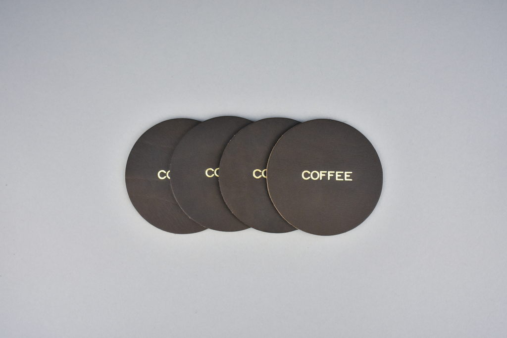 Set of 4 Gold Foil Stamped Leather Coffee Coasters Handmade in Canada by Fitzy