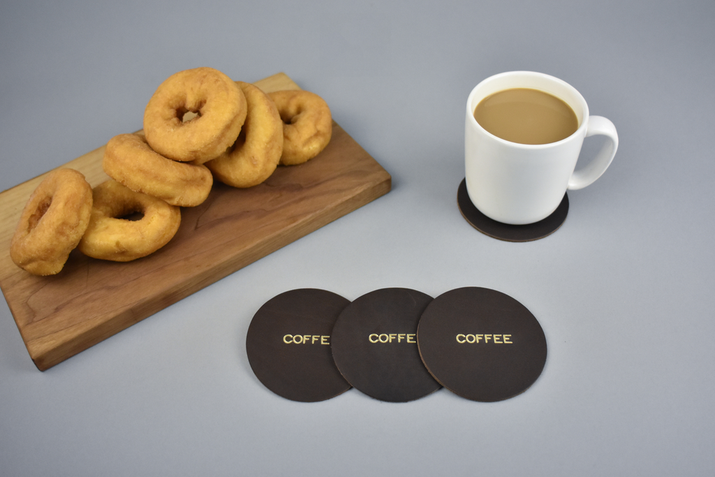 Set of 4 Gold Foil Stamped Leather Coffee Coasters Handmade in Canada by Fitzy