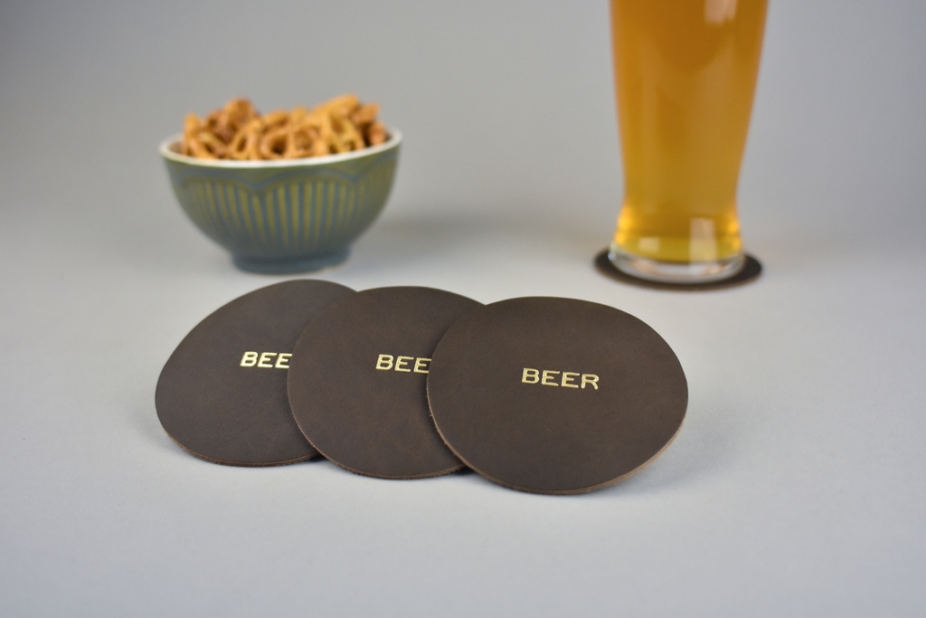 Set of 4 Gold Foil Stamped Leather Beer Coasters Handmade in Canada by Fitzy