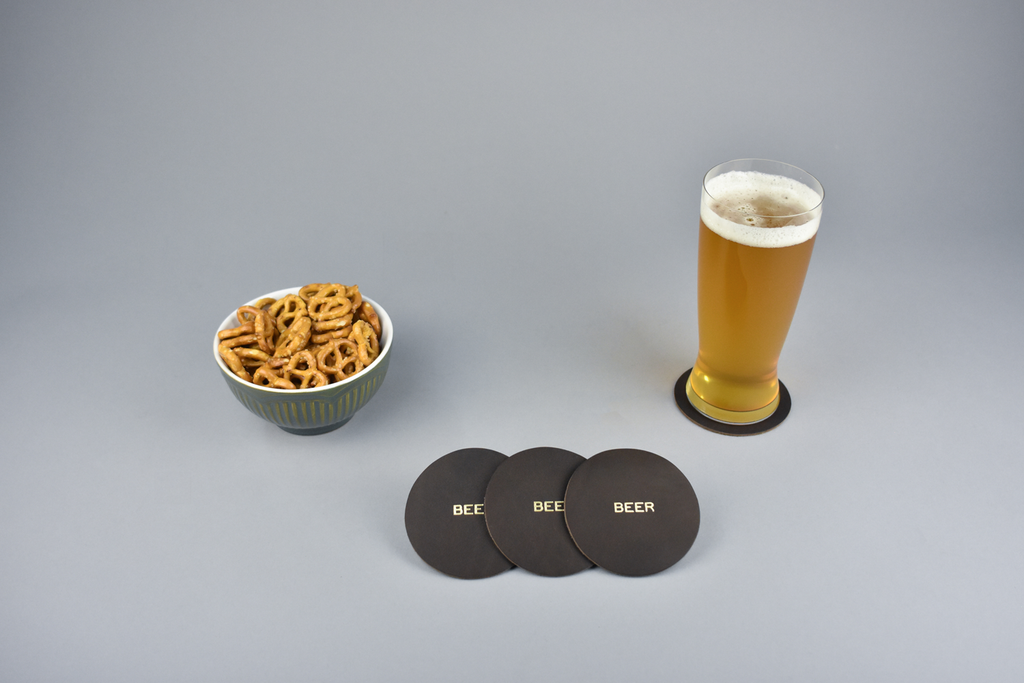 Set of 4 Gold Foil Stamped Leather Beer Coasters Handmade in Canada by Fitzy