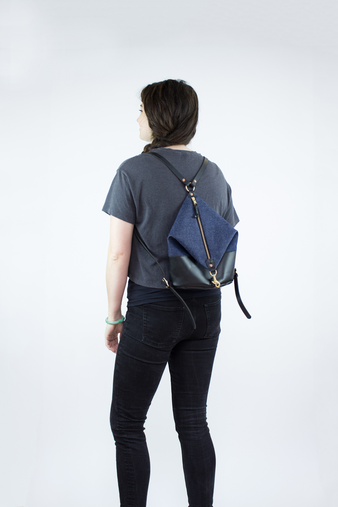 Black Leather & Dark Denim Mini Backpack