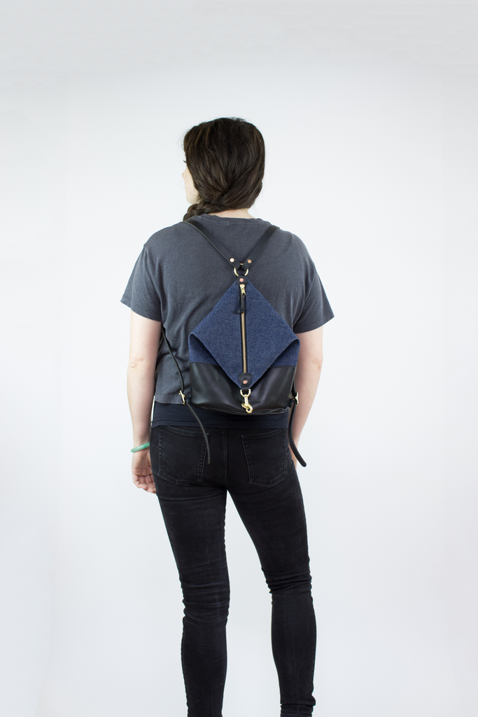 Black Leather & Dark Denim Mini Backpack