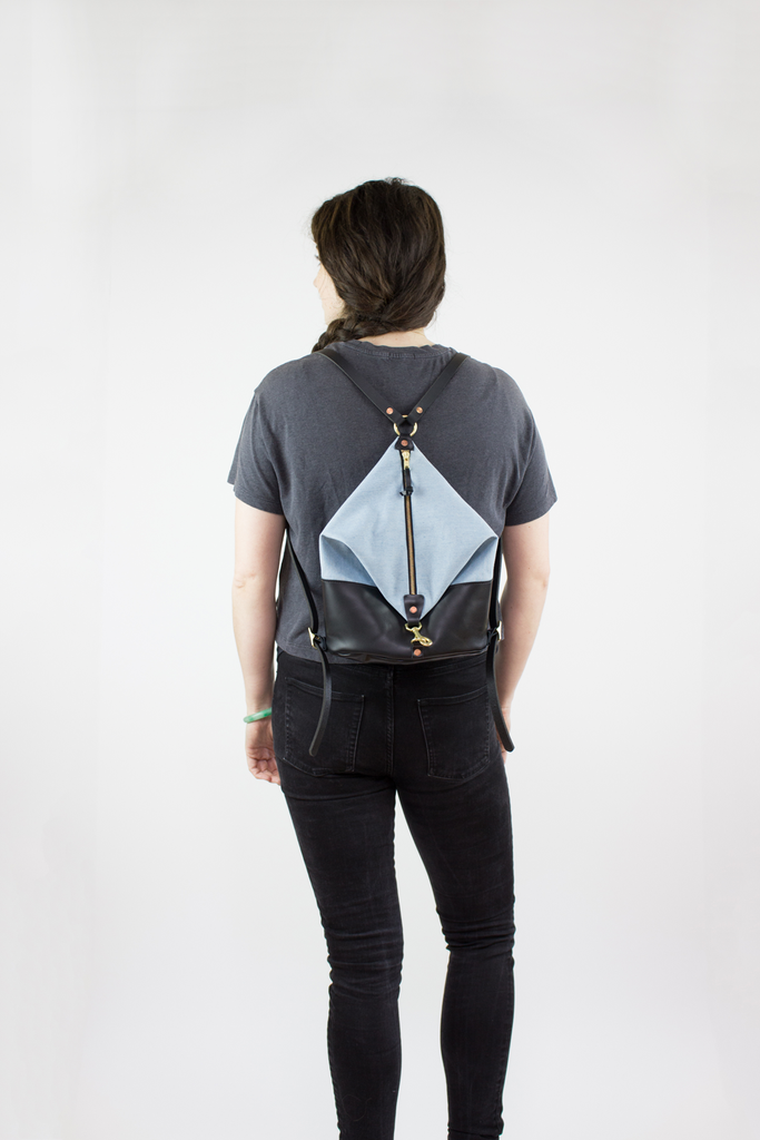 Black Leather & Light Denim Mini Backpack