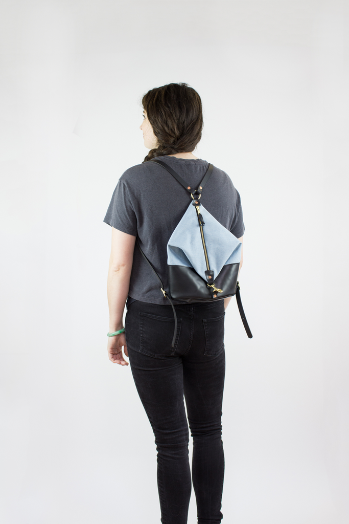 Black Leather & Light Denim Mini Backpack