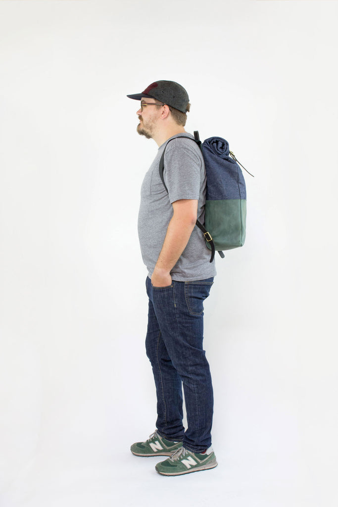 Grey Leather & Light Denim Backpack